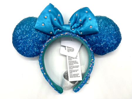 Disney Parks Blue Aqua Sequined Minnie Mouse Ear Headband Crystal Bow NWT 2022 For Sale